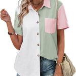 Nadorine Color Block Short Sleeve Cotton Linen Causal Tops