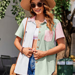 Nadorine Color Block Short Sleeve Cotton Linen Causal Tops