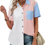 Nadorine Color Block Short Sleeve Cotton Linen Causal Tops