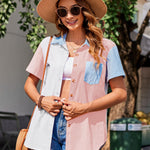 Nadorine Color Block Short Sleeve Cotton Linen Causal Tops