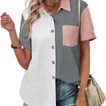 Nadorine Color Block Short Sleeve Cotton Linen Causal Tops