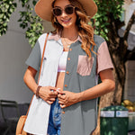 Nadorine Color Block Short Sleeve Cotton Linen Causal Tops