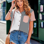 Nadorine Color Block Short Sleeve Cotton Linen Causal Tops