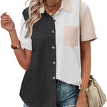 Nadorine Color Block Short Sleeve Cotton Linen Causal Tops