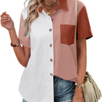 Nadorine Color Block Short Sleeve Cotton Linen Causal Tops