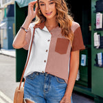 Nadorine Color Block Short Sleeve Cotton Linen Causal Tops