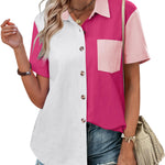 Nadorine Color Block Short Sleeve Cotton Linen Causal Tops