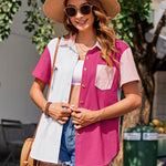 Nadorine Color Block Short Sleeve Cotton Linen Causal Tops