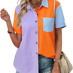 Nadorine Color Block Short Sleeve Cotton Linen Causal Tops