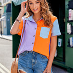 Nadorine Color Block Short Sleeve Cotton Linen Causal Tops