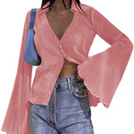 Women's Deep V Neck Shirt Button Front Blouse Bell Long Sleeve Tops - Nadorine (Us Only)