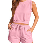 Womens Summer 2 Piece Outfits Sleeveless Round Neck Tops and High-waisted with Drawstring Casual Shorts Tracksuit Sets - Nadorine (Us Only)