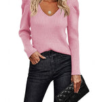 Nadorine V Neck Sweaters Casual Puff Sleeve Pullover Sweater