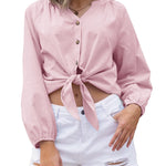 Tie Knot Front Tops Cotton Blouse Shirts - Nadorine (Us Only)