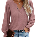 Nadorine Women Casual V Neck T-Shirts Ruffle Long Sleeve Shirt Eyelet Loose Blouses S-XXL