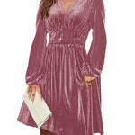 Nadorine Velvet Dress V-Neck Long Sleeve Stretch Mini Dress