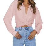 Zeagoo Women's V Neck Twist Hem Blouse Long Sleeve Crop Top Casual Button Shirts