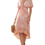 Nadorine Women's Bohemian Floral Tie Front V Neck Midi Dresses