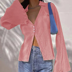 Women's Deep V Neck Shirt Button Front Blouse Bell Long Sleeve Tops - Nadorine (Us Only)