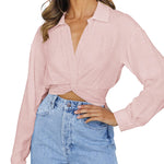 Zeagoo Women's V Neck Twist Hem Blouse Long Sleeve Crop Top Casual Button Shirts