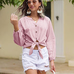 Tie Knot Front Tops Cotton Blouse Shirts - Nadorine (Us Only)