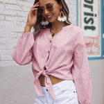 Tie Knot Front Tops Cotton Blouse Shirts - Nadorine (Us Only)