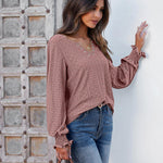 Nadorine Women Casual V Neck T-Shirts Ruffle Long Sleeve Shirt Eyelet Loose Blouses S-XXL