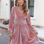 Nadorine Velvet Dress V-Neck Long Sleeve Stretch Mini Dress