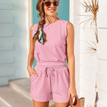 Womens Summer 2 Piece Outfits Sleeveless Round Neck Tops and High-waisted with Drawstring Casual Shorts Tracksuit Sets - Nadorine (Us Only)
