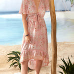 Nadorine Women's Bohemian Floral Tie Front V Neck Midi Dresses