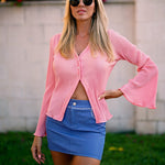 Women's Deep V Neck Shirt Button Front Blouse Bell Long Sleeve Tops - Nadorine (Us Only)