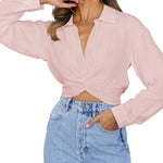 Zeagoo Women's V Neck Twist Hem Blouse Long Sleeve Crop Top Casual Button Shirts