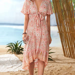 Nadorine Women's Bohemian Floral Tie Front V Neck Midi Dresses