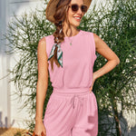 Womens Summer 2 Piece Outfits Sleeveless Round Neck Tops and High-waisted with Drawstring Casual Shorts Tracksuit Sets - Nadorine (Us Only)