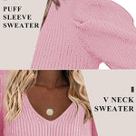 Nadorine V Neck Sweaters Casual Puff Sleeve Pullover Sweater