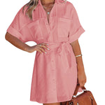 Women's Shirt Dress Button Down V Neck Blouse Short Roll-up Sleeve Tunic Tops with Pockets - Nadorine (Us Only)