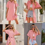 Women's Shirt Dress Button Down V Neck Blouse Short Roll-up Sleeve Tunic Tops with Pockets - Nadorine (Us Only)