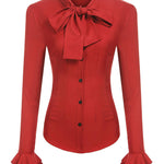 Women Bow Tie Neck Blouses Ruffle Long Sleeve Shirts Button-Down Office Work Casual Tops XS-3XL - Nadorine (Us Only)