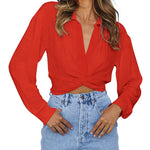 Zeagoo Women's V Neck Twist Hem Blouse Long Sleeve Crop Top Casual Button Shirts