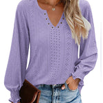 Nadorine Women Casual V Neck T-Shirts Ruffle Long Sleeve Shirt Eyelet Loose Blouses S-XXL