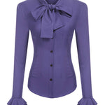 Women Bow Tie Neck Blouses Ruffle Long Sleeve Shirts Button-Down Office Work Casual Tops XS-3XL - Nadorine (Us Only)
