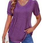 Nadorine Puff Short Sleeve Boho V Neck Floral Blouse