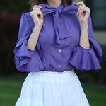 Women Bow Tie Neck Blouses Ruffle Long Sleeve Shirts Button-Down Office Work Casual Tops XS-3XL - Nadorine (Us Only)
