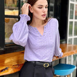 Nadorine Women Casual V Neck T-Shirts Ruffle Long Sleeve Shirt Eyelet Loose Blouses S-XXL
