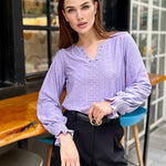 Nadorine Women Casual V Neck T-Shirts Ruffle Long Sleeve Shirt Eyelet Loose Blouses S-XXL