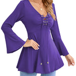 Nadorine Women's Sexy V-Neck Pleated Front Long Bell Sleeve Blouse Tops