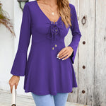 Nadorine Women's Sexy V-Neck Pleated Front Long Bell Sleeve Blouse Tops