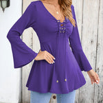 Nadorine Women's Sexy V-Neck Pleated Front Long Bell Sleeve Blouse Tops