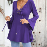 Nadorine Women's Sexy V-Neck Pleated Front Long Bell Sleeve Blouse Tops