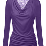 Womens Long Sleeve Ruched Top Slim Fitted Cowl Neck Wrap Shirts with Side Shirring - Nadorine (Us Only)